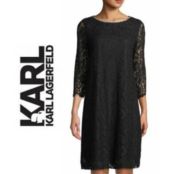 Classic LBD! KARL LAGERFELD PARIS, Black lace shift dress with crystal neckline - Picture 2 of 11